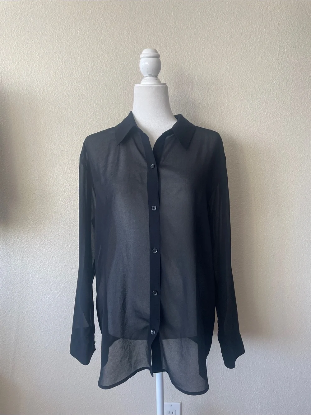 Open Edit Black Sheer Button Front Long Sleeve Blouse Size M Office Minimalist